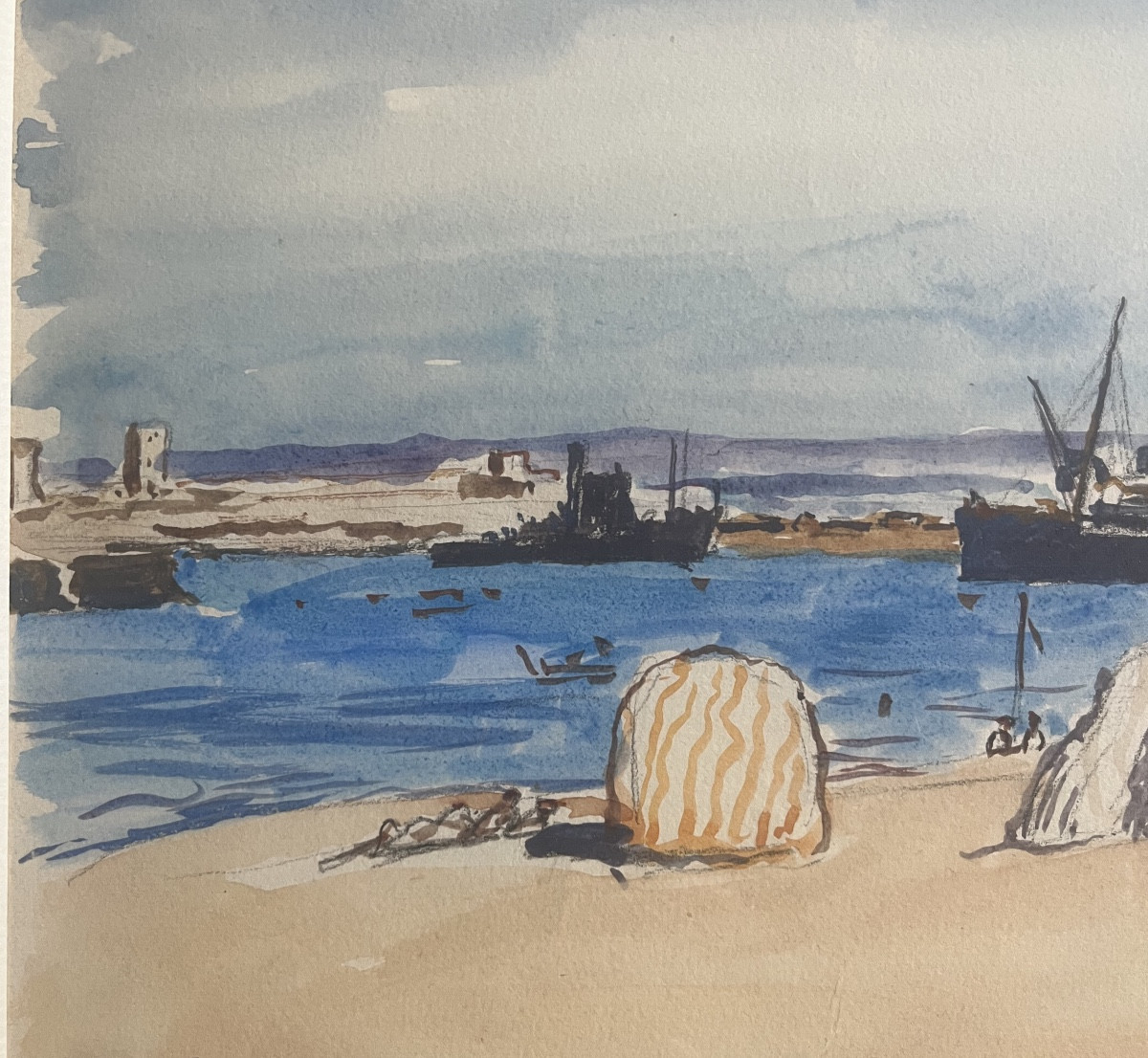 Tableau orientaliste marine Maroc Casablanca aquarelle signée et datée Lucien Mainssieux 1-photo-4
