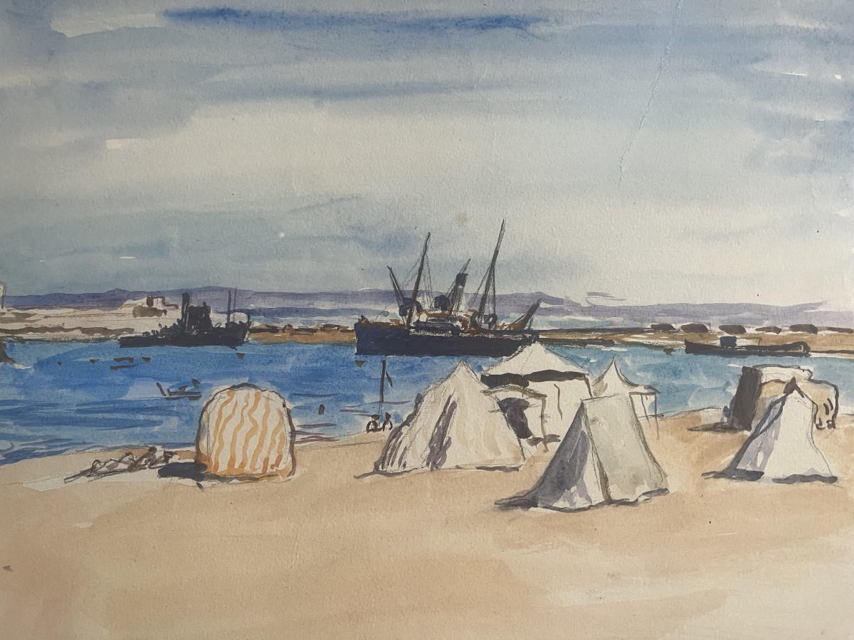 Tableau orientaliste marine Maroc Casablanca aquarelle signée et datée Lucien Mainssieux 1-photo-1