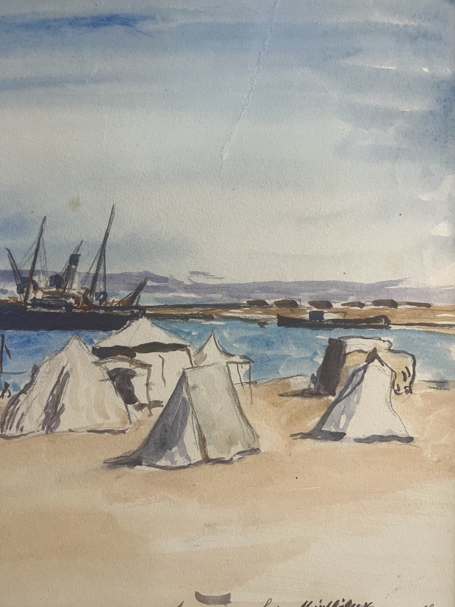 Tableau orientaliste marine Maroc Casablanca aquarelle signée et datée Lucien Mainssieux 1-photo-2