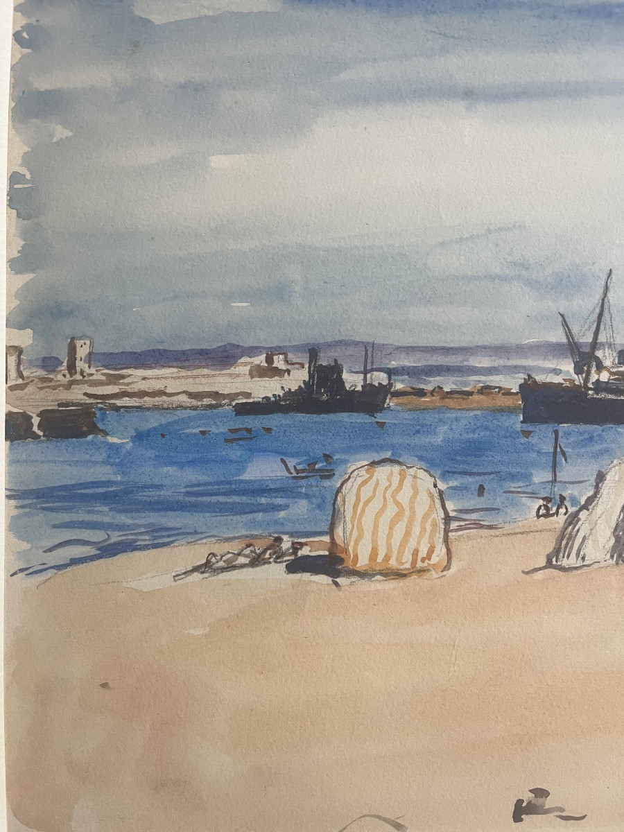 Tableau orientaliste marine Maroc Casablanca aquarelle signée et datée Lucien Mainssieux 1-photo-3