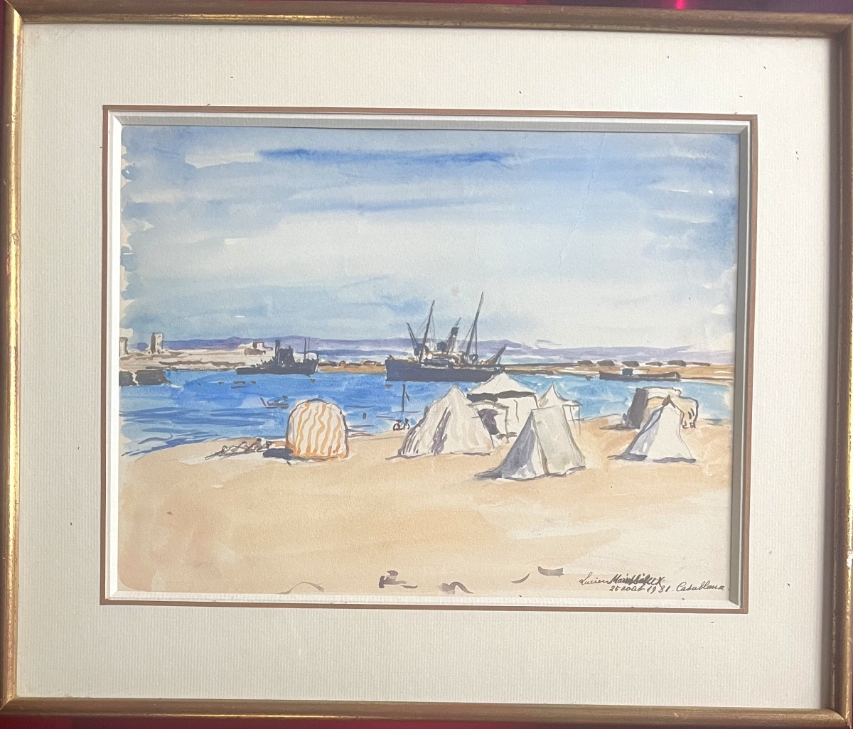 Tableau orientaliste marine Maroc Casablanca aquarelle signée et datée Lucien Mainssieux 1-photo-4