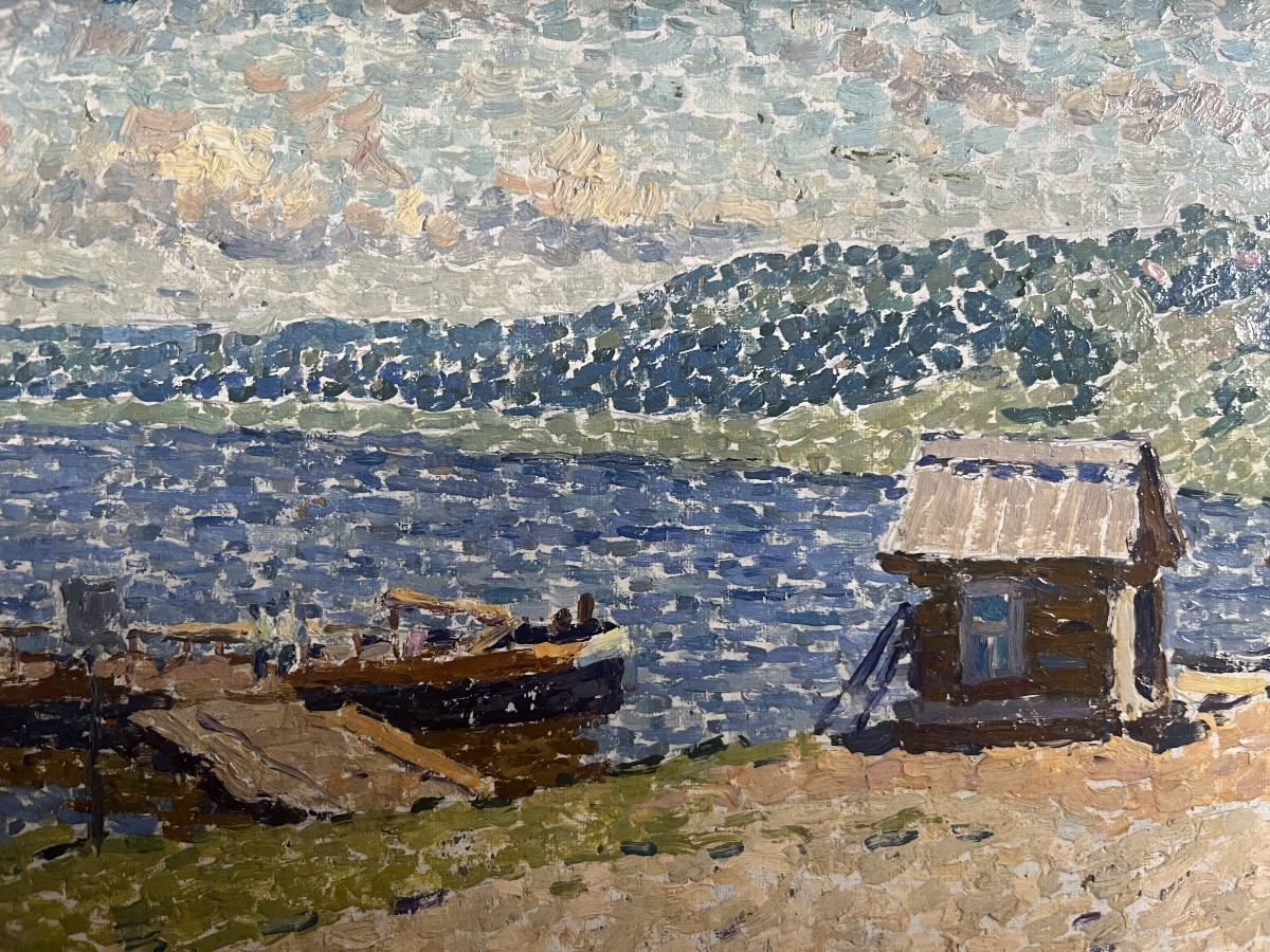Antique Pointillist Painting Following Luce Marine Painting Monogram To Decipher -photo-2