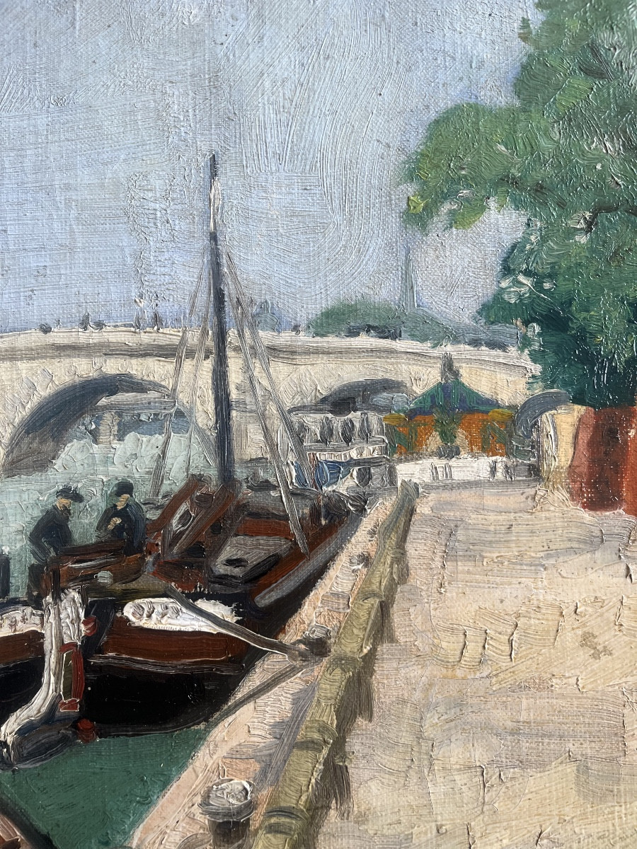 Rare : Tableau vue de Paris quai de seine peinture signée du sculpteur Hubert Yencesse -photo-4
