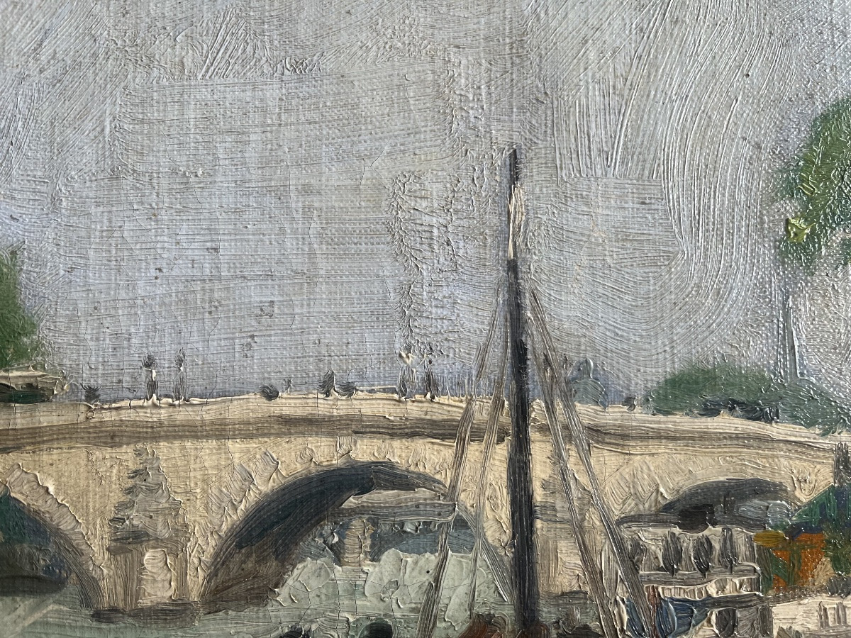 Rare : Tableau vue de Paris quai de seine peinture signée du sculpteur Hubert Yencesse -photo-5
