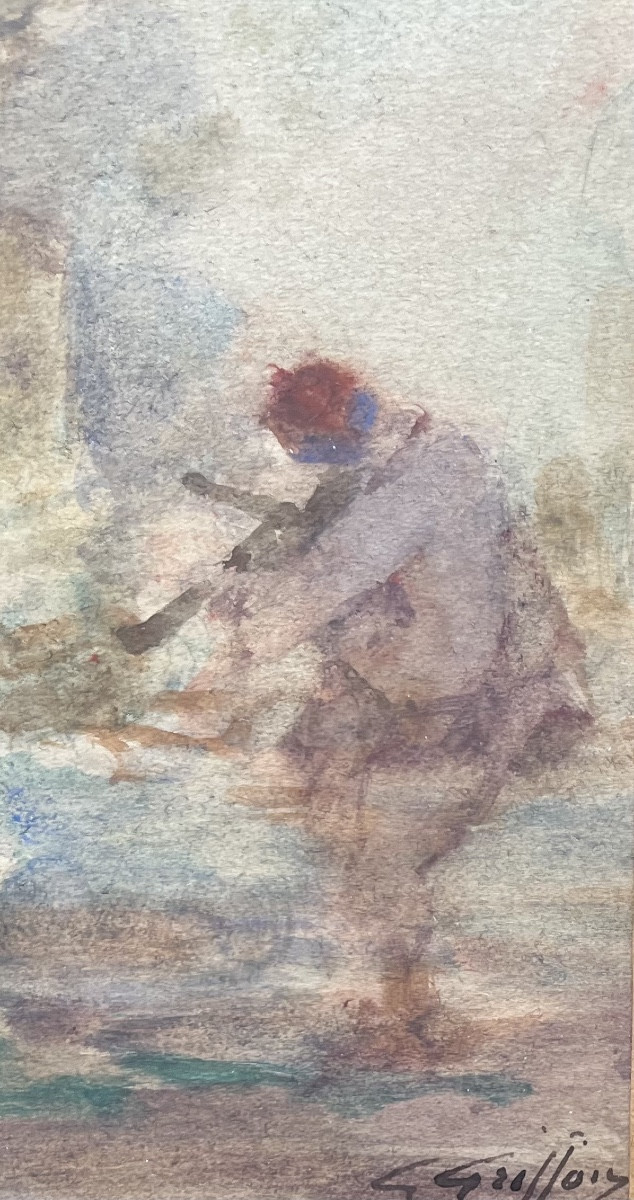 Tableau  impressionniste les musiciens au parc aquarelle signée Gabriel Griffon 1866-1938-photo-3