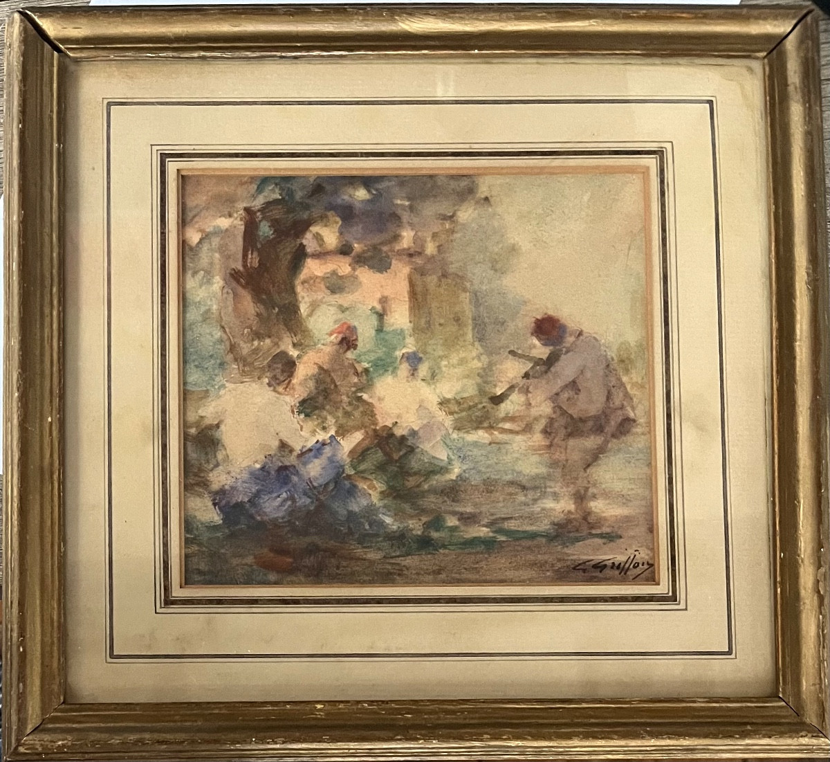 Tableau  impressionniste les musiciens au parc aquarelle signée Gabriel Griffon 1866-1938-photo-4
