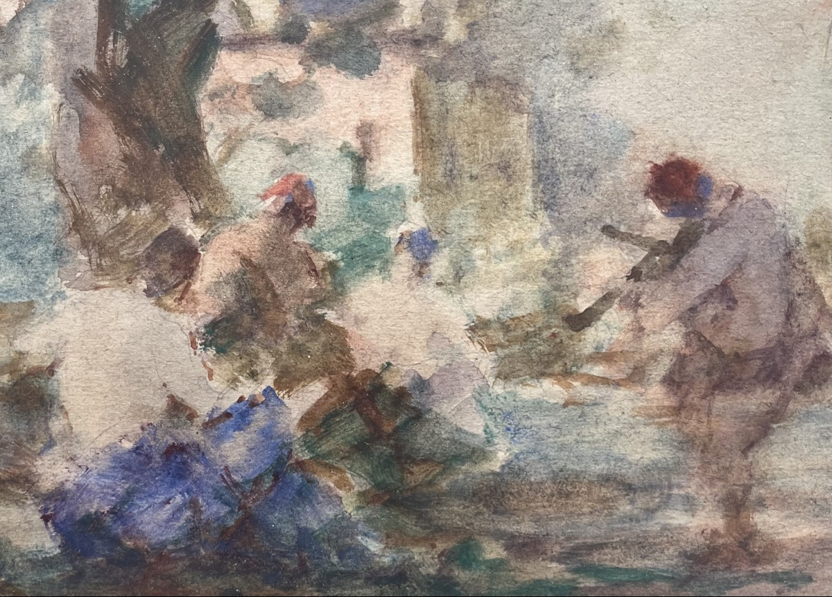 Tableau  impressionniste les musiciens au parc aquarelle signée Gabriel Griffon 1866-1938-photo-2