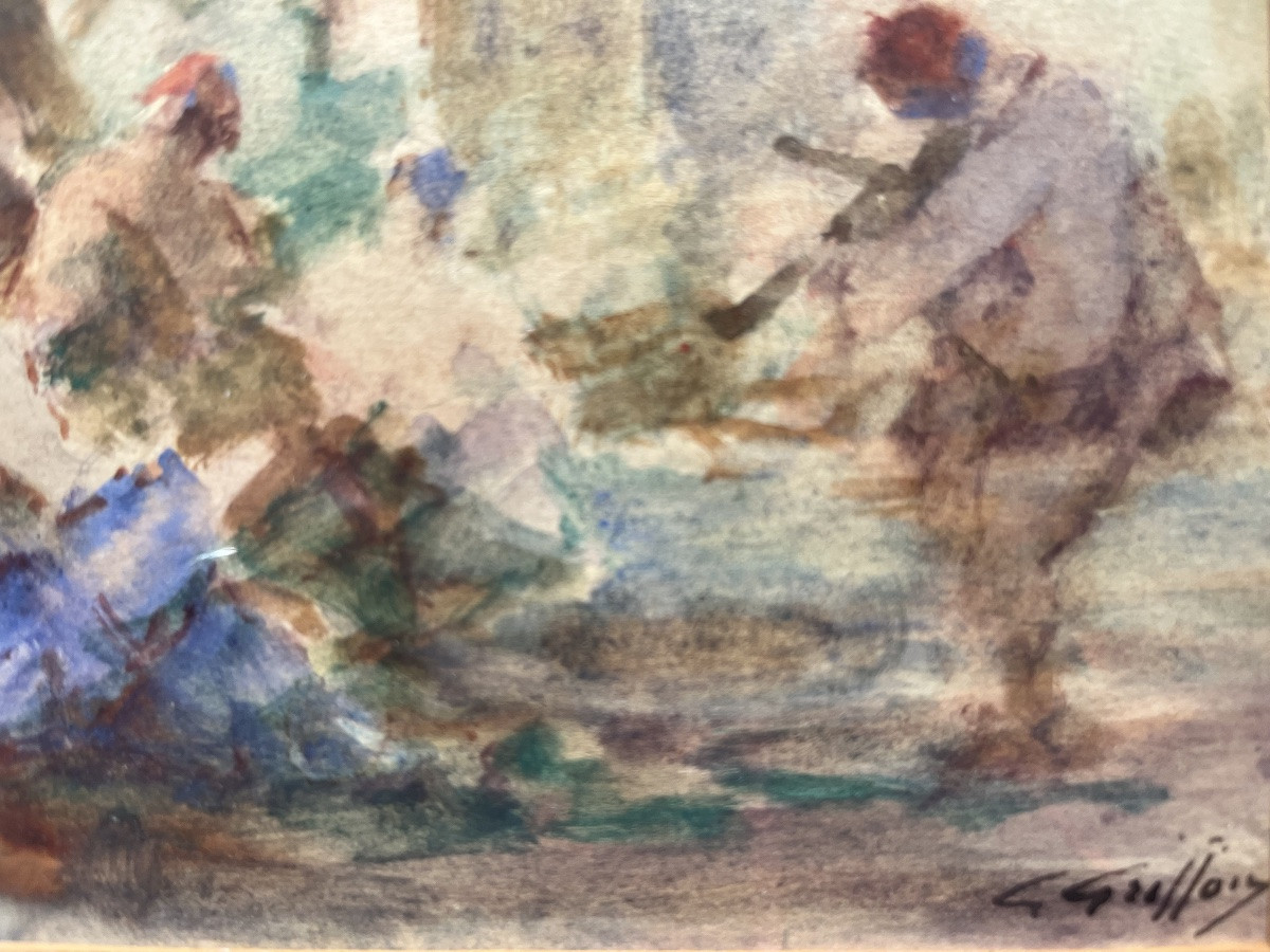 Tableau  impressionniste les musiciens au parc aquarelle signée Gabriel Griffon 1866-1938-photo-3
