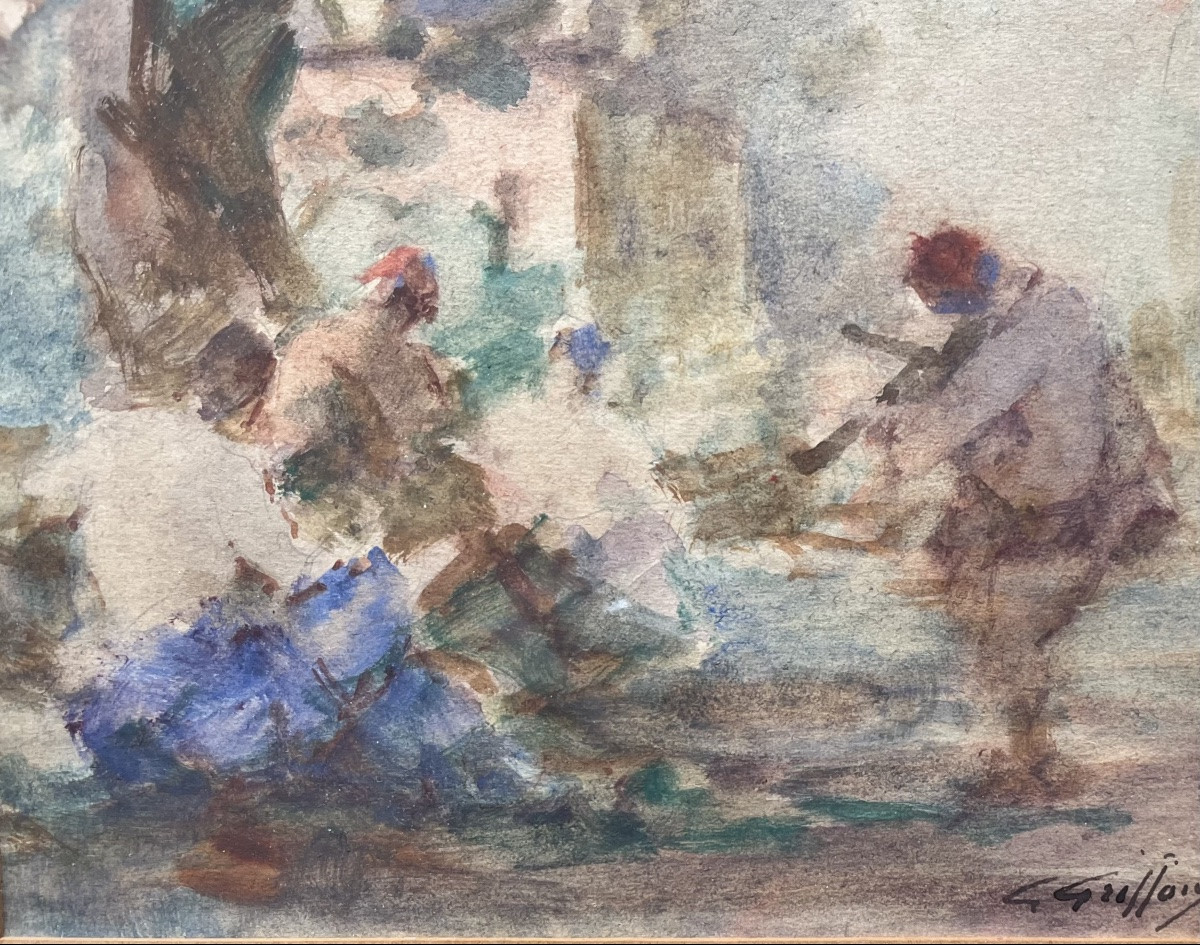 Tableau  impressionniste les musiciens au parc aquarelle signée Gabriel Griffon 1866-1938-photo-4