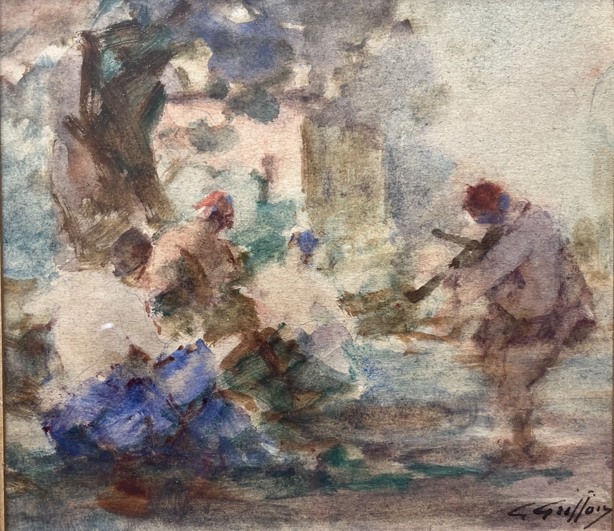 Tableau  impressionniste les musiciens au parc aquarelle signée Gabriel Griffon 1866-1938