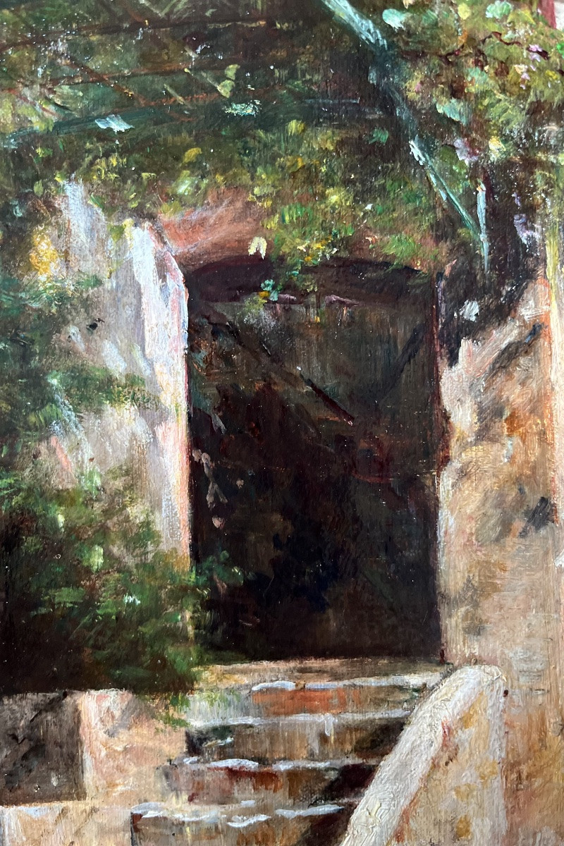 Tableau XIX ème siècle vieille maison du midi peinture signée Henri Blanc-Fontaine 1819-1897 -photo-3