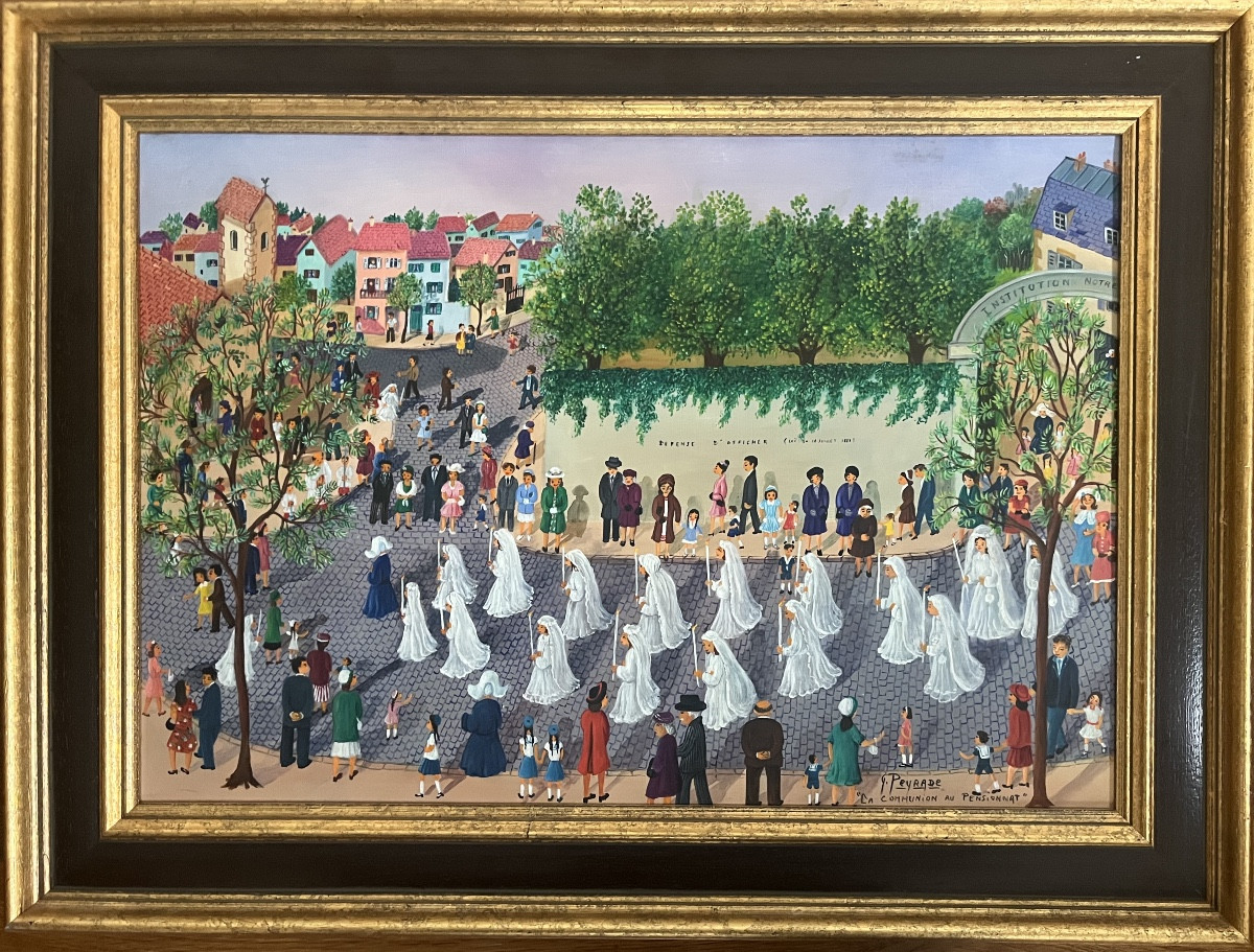 Tableau art naïf Lorrain  La communion au pensionnat peinture signée Geneviève Peyrade-photo-2
