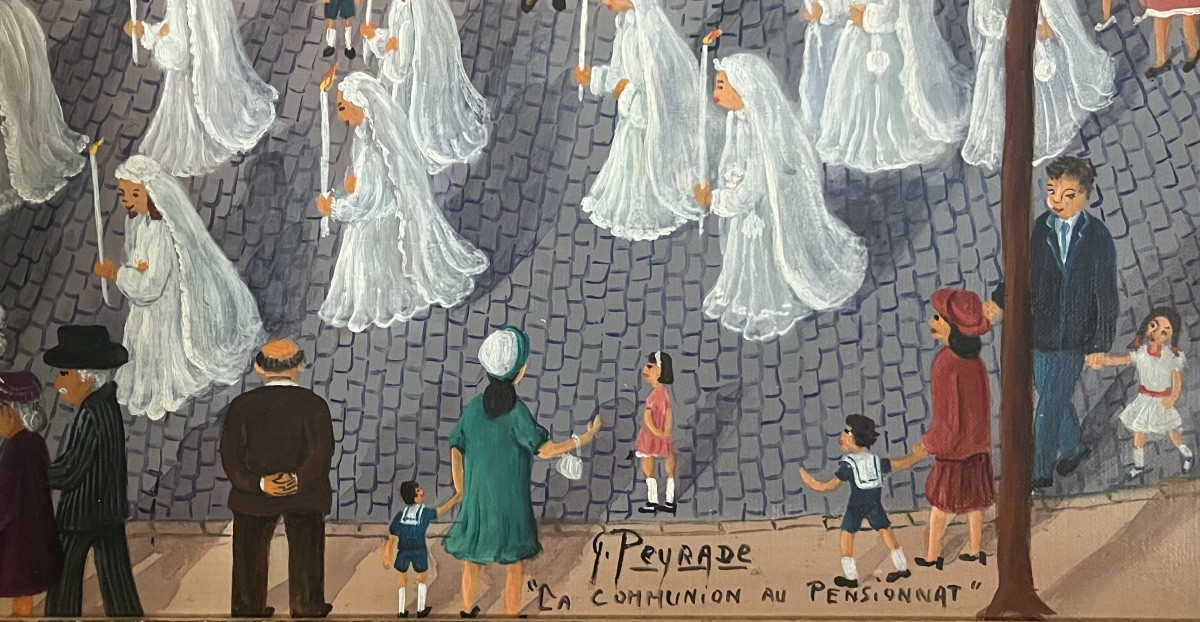 Tableau art naïf Lorrain  La communion au pensionnat peinture signée Geneviève Peyrade-photo-3