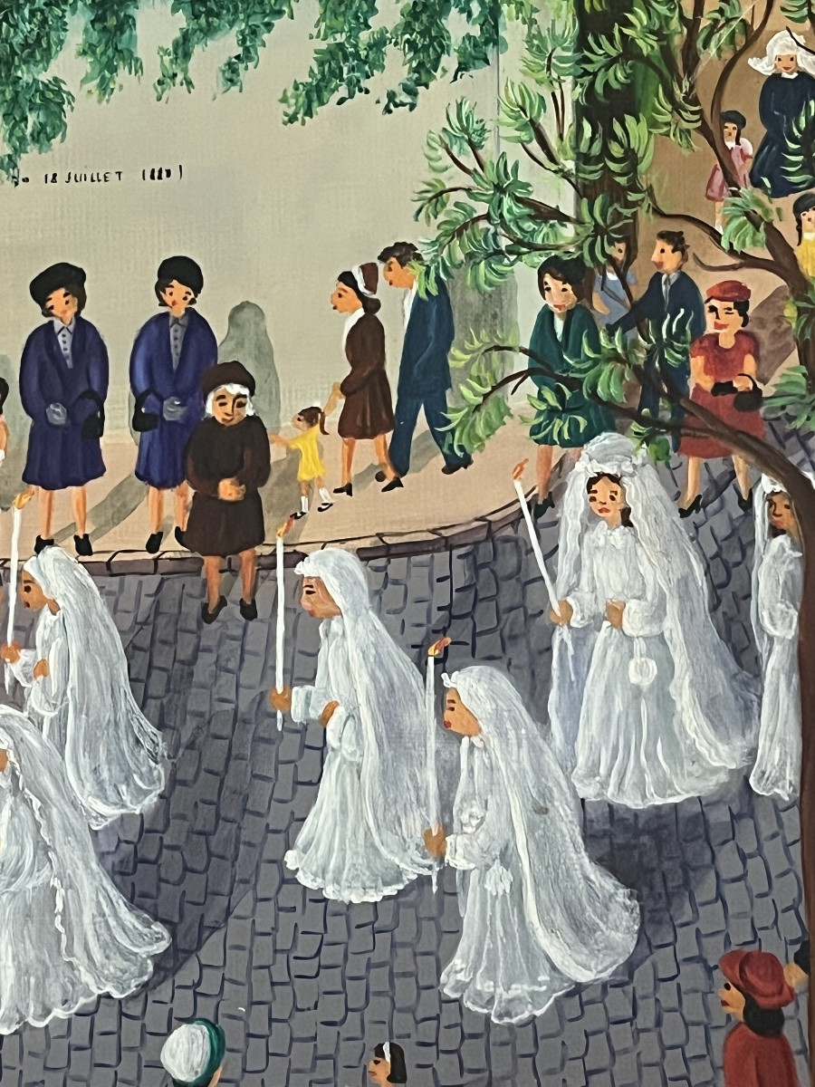 Tableau art naïf Lorrain  La communion au pensionnat peinture signée Geneviève Peyrade-photo-3