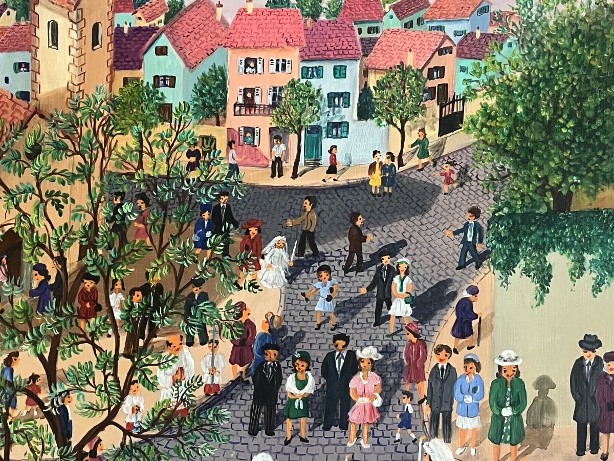 Tableau art naïf Lorrain  La communion au pensionnat peinture signée Geneviève Peyrade-photo-4