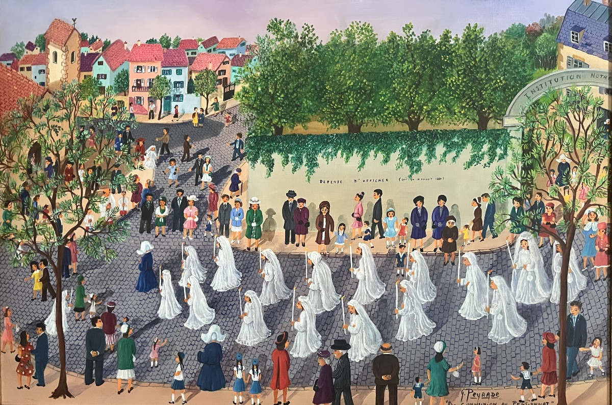 Tableau art naïf Lorrain  La communion au pensionnat peinture signée Geneviève Peyrade