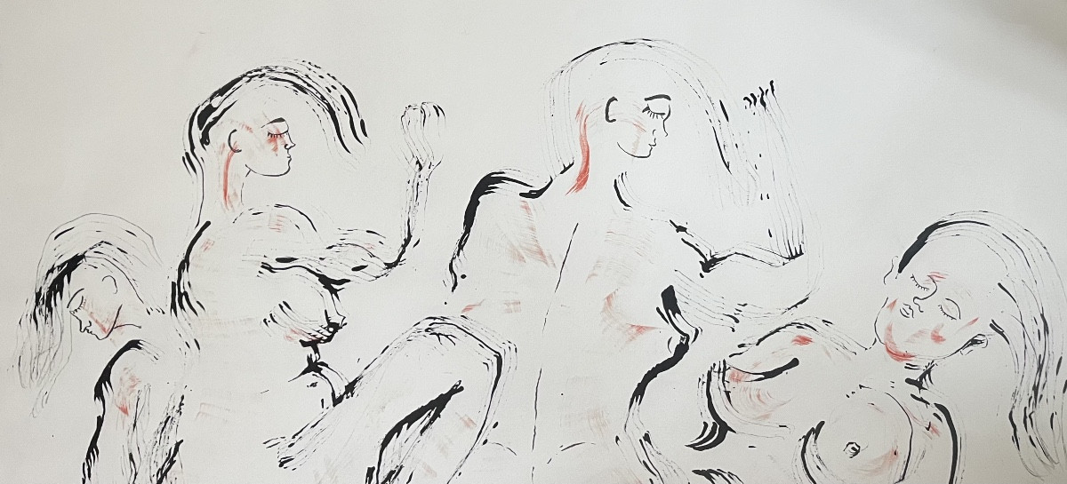 Tableau  quatre femmes nues en mouvement  grande encre signée Jen Edern Hallier ( 1936-1997)-photo-4