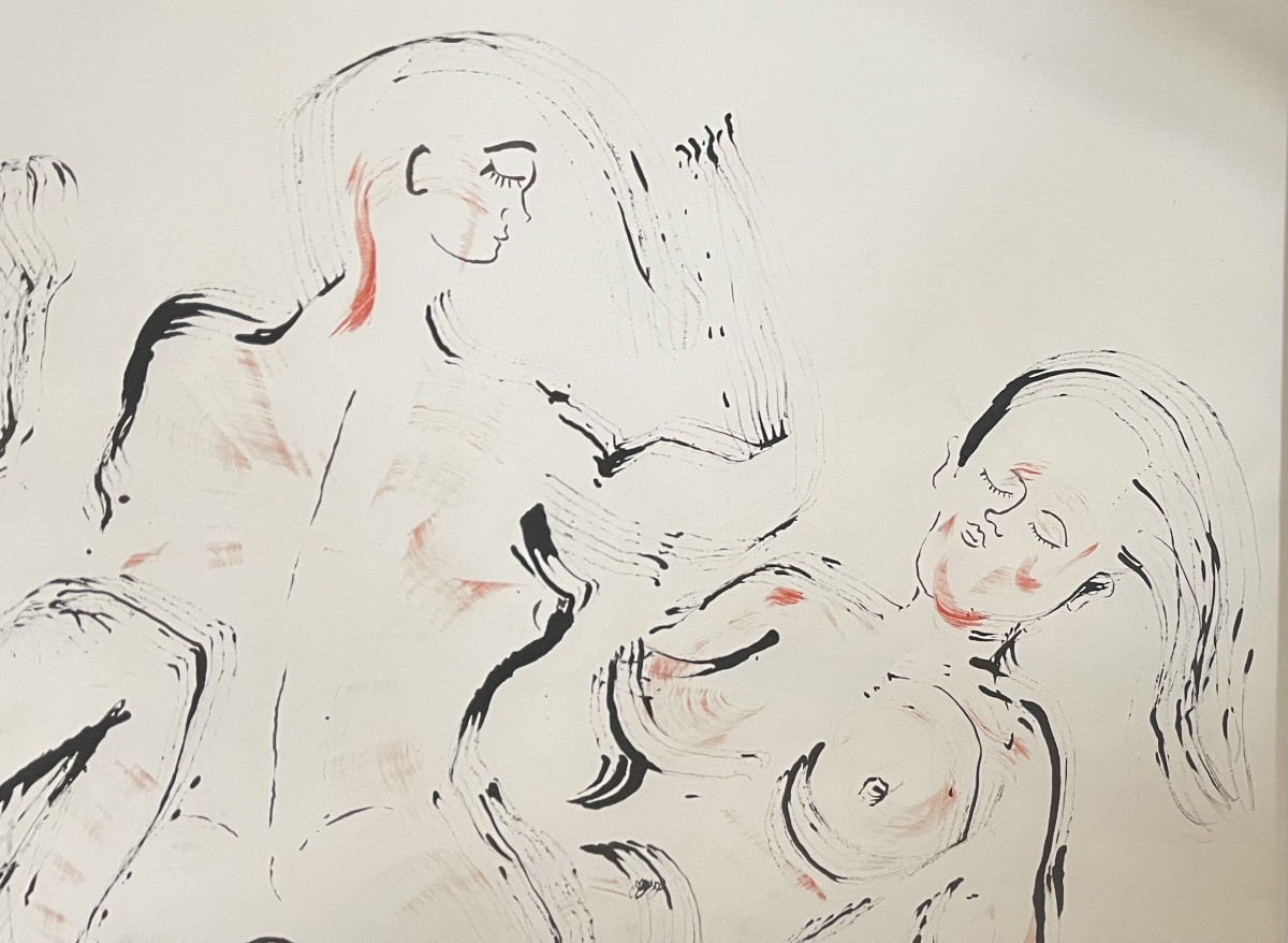 Tableau  quatre femmes nues en mouvement  grande encre signée Jen Edern Hallier ( 1936-1997)-photo-1