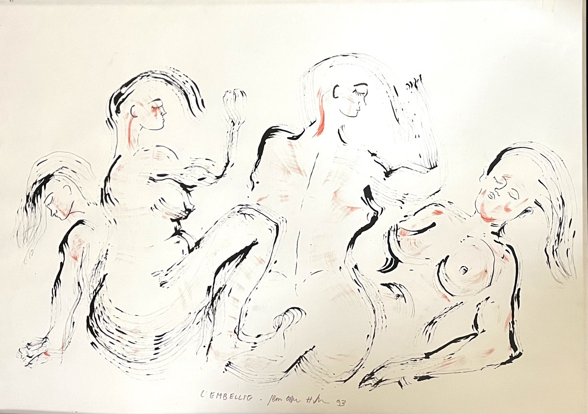 Tableau  quatre femmes nues en mouvement  grande encre signée Jen Edern Hallier ( 1936-1997)