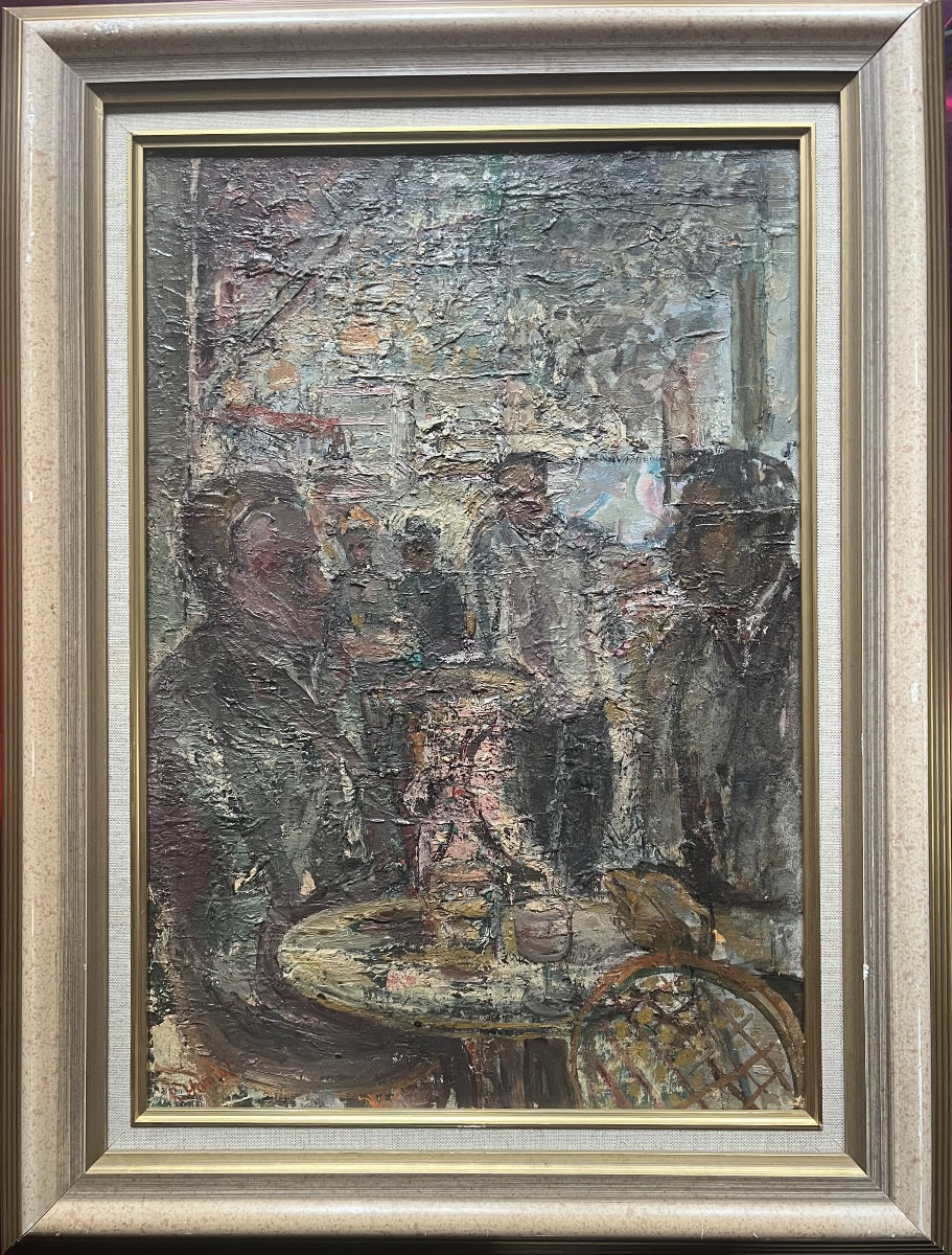 Expressionist Painting, Lyon School, Café Scene, Bar Painting By René Hamiot-photo-4