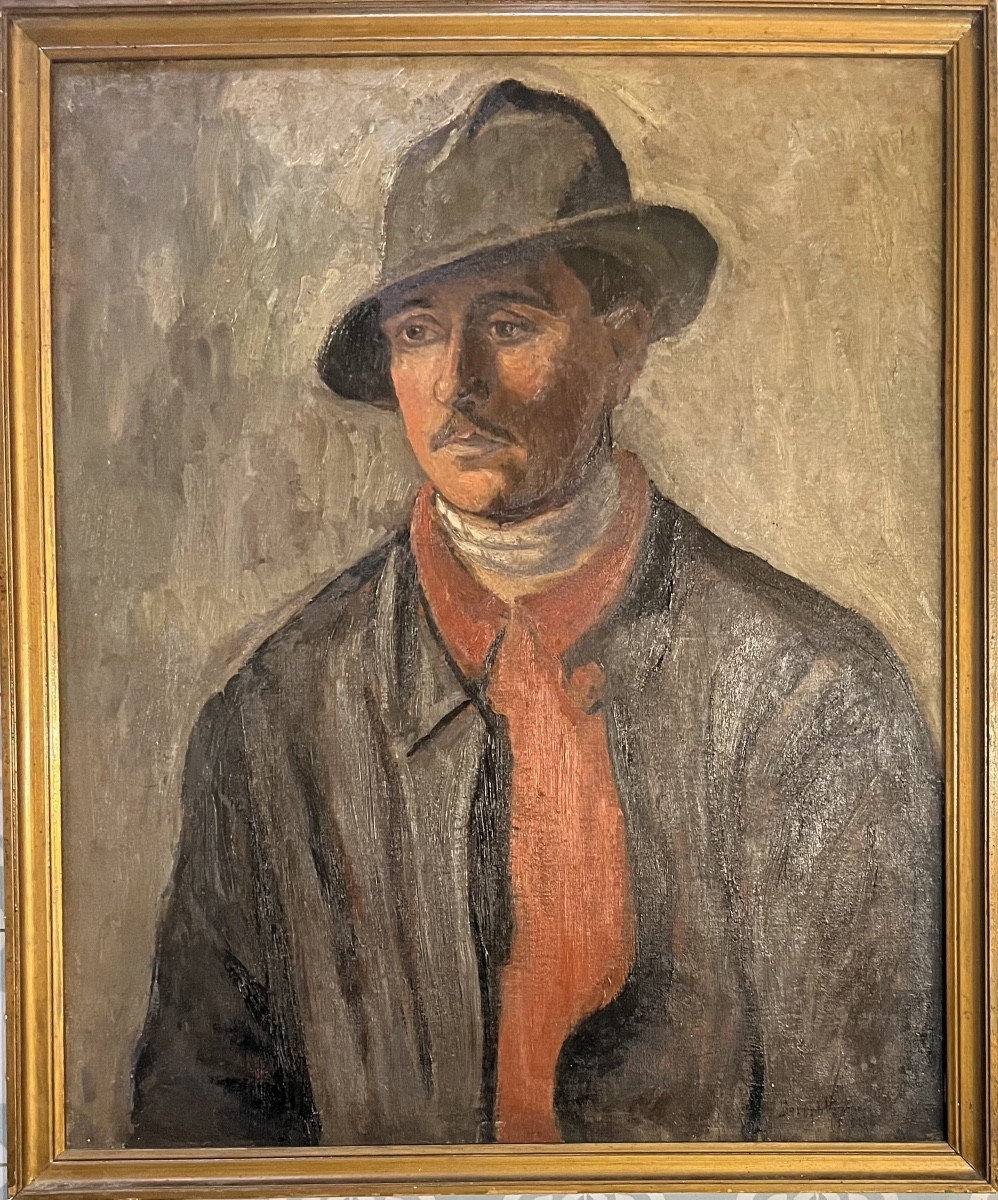 Painting Portrait Of A Man With A Hat From The 1970s, Signed Painting To Be Deciphered-photo-3