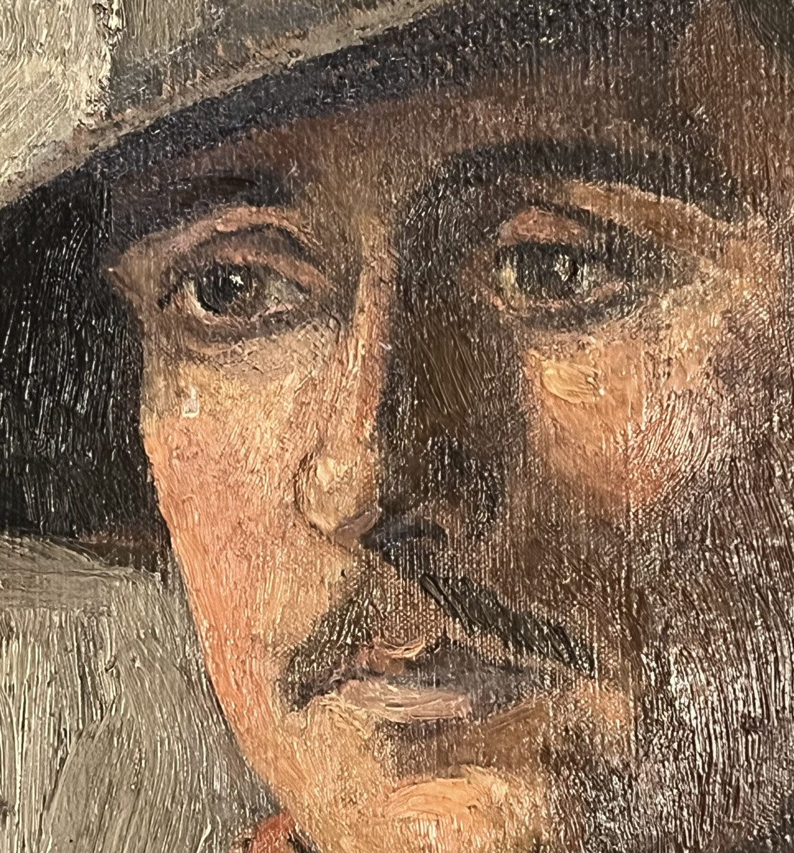 Painting Portrait Of A Man With A Hat From The 1970s, Signed Painting To Be Deciphered-photo-1