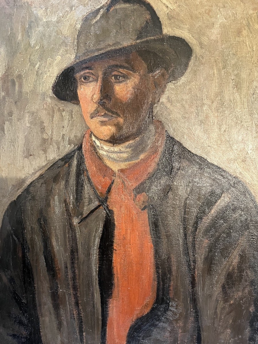 Painting Portrait Of A Man With A Hat From The 1970s, Signed Painting To Be Deciphered-photo-3