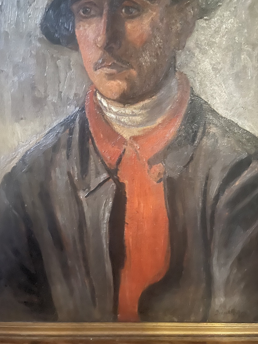 Painting Portrait Of A Man With A Hat From The 1970s, Signed Painting To Be Deciphered-photo-5