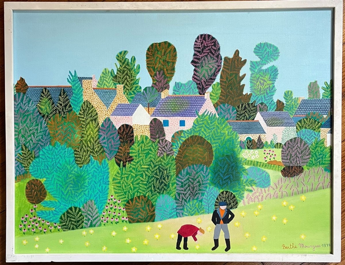 Tableau art naïf paysage animé d'automne de 1977 peinture signée Berthe Mourges  née en 1922-photo-2