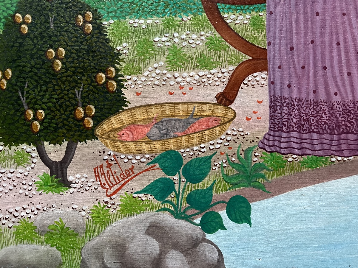 Tableau naïf Haïti école naïve Le roi et la Reine à la pêche peinture signée Alfred Altidor-photo-2