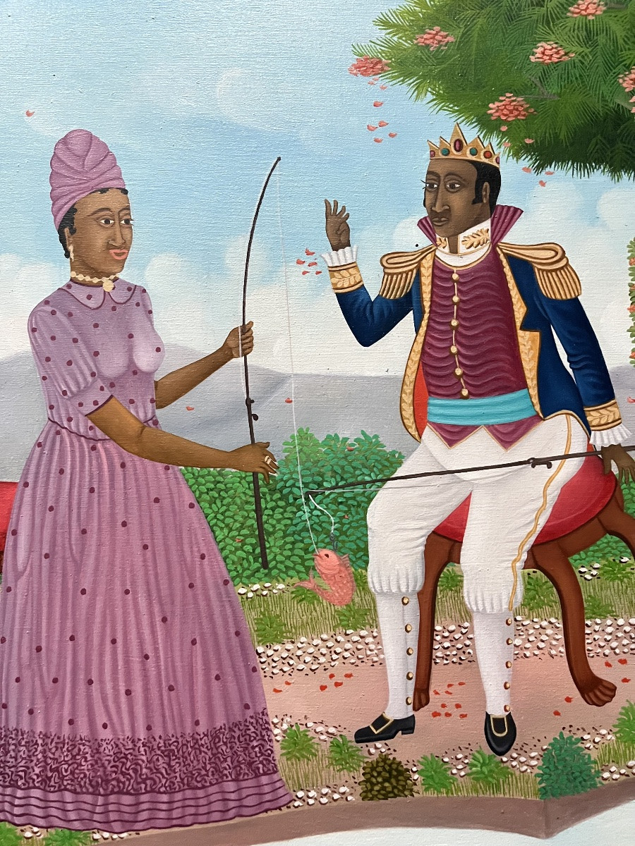 Tableau naïf Haïti école naïve Le roi et la Reine à la pêche peinture signée Alfred Altidor-photo-2