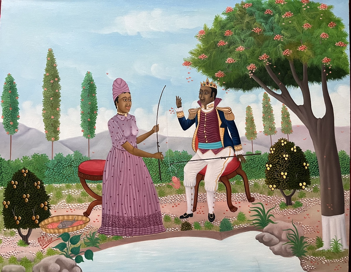 Tableau naïf Haïti école naïve Le roi et la Reine à la pêche peinture signée Alfred Altidor