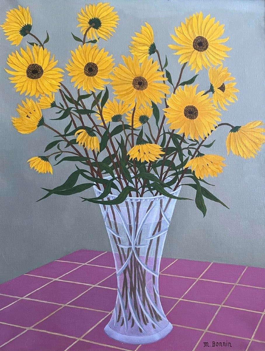 Tableau Art Naif Bouquet de fleurs les tournesols école Naïve Signée Maurice Bonnin 1911-1993