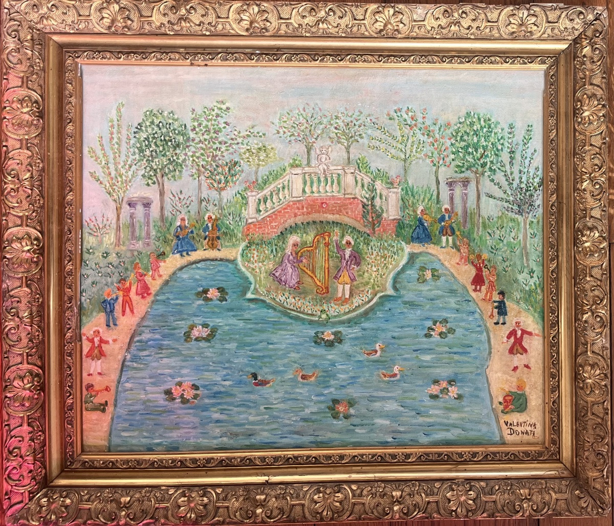 Naïve Painting, Italy, Harp Concert In A Park, Painting Signed Valentina Donati-photo-1