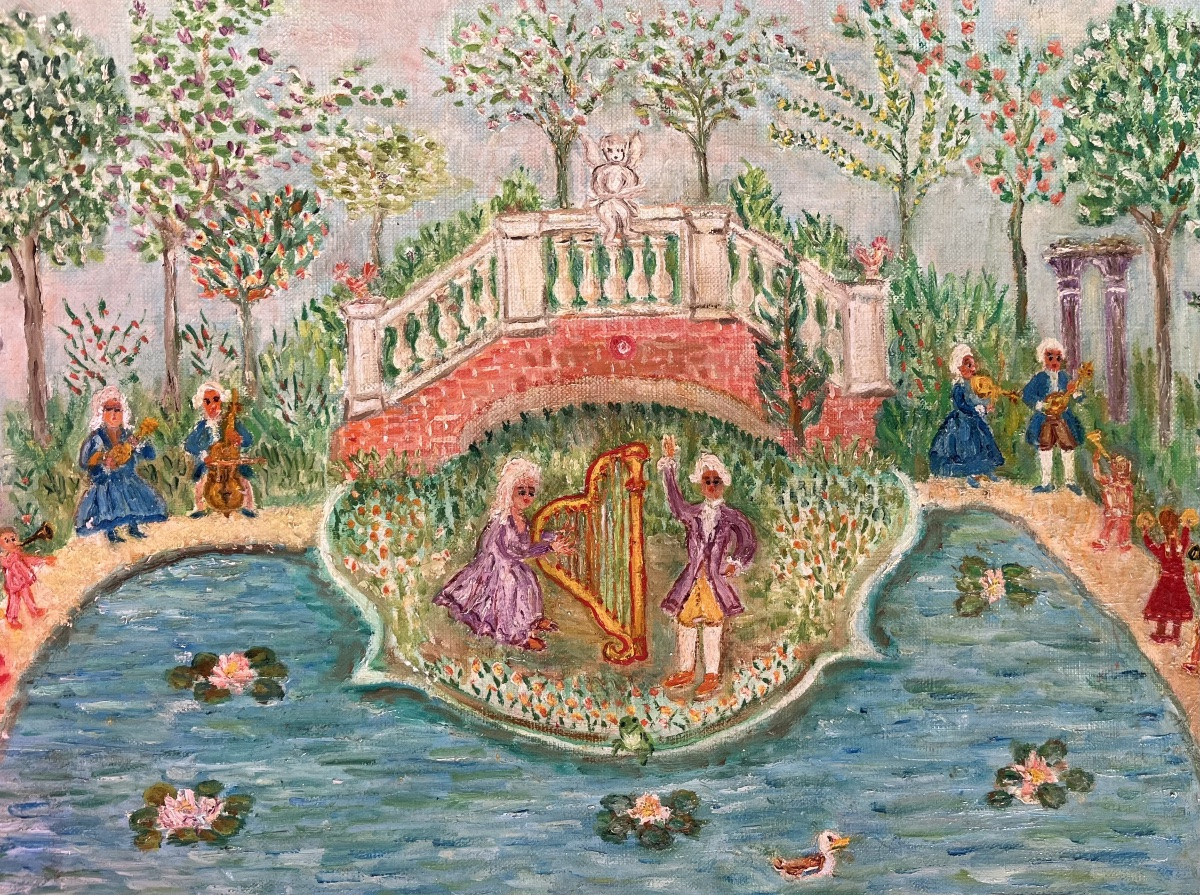 Naïve Painting, Italy, Harp Concert In A Park, Painting Signed Valentina Donati-photo-4