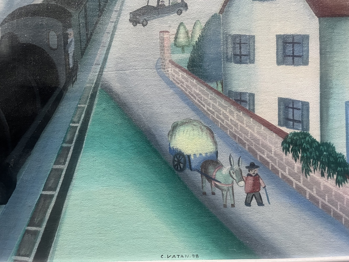 Naïve Painting Of An Urban Landscape With A Steam Train And Locomotive, Signed Vatan -photo-2