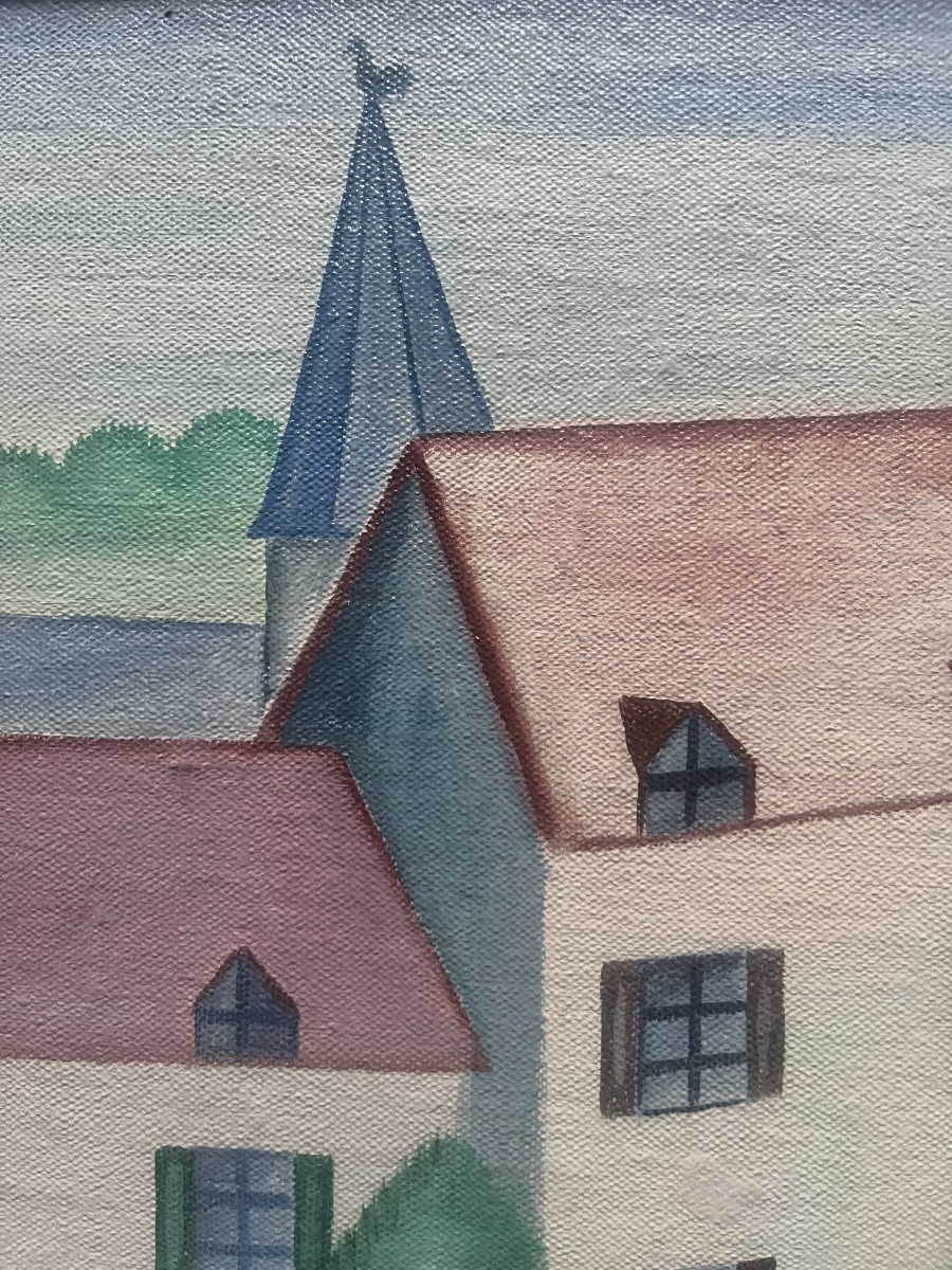 Naïve Painting Of An Urban Landscape With A Steam Train And Locomotive, Signed Vatan -photo-2