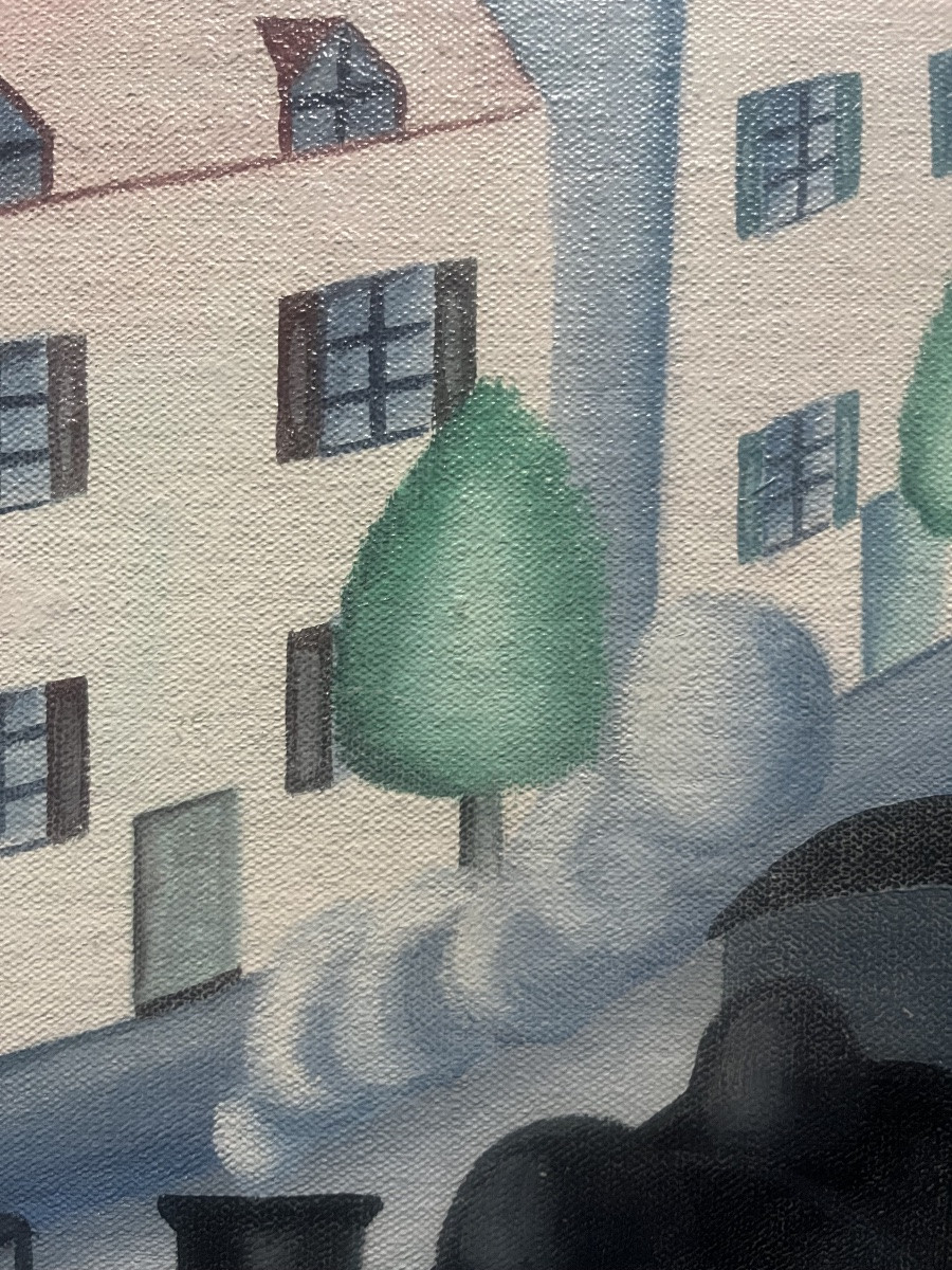 Naïve Painting Of An Urban Landscape With A Steam Train And Locomotive, Signed Vatan -photo-5