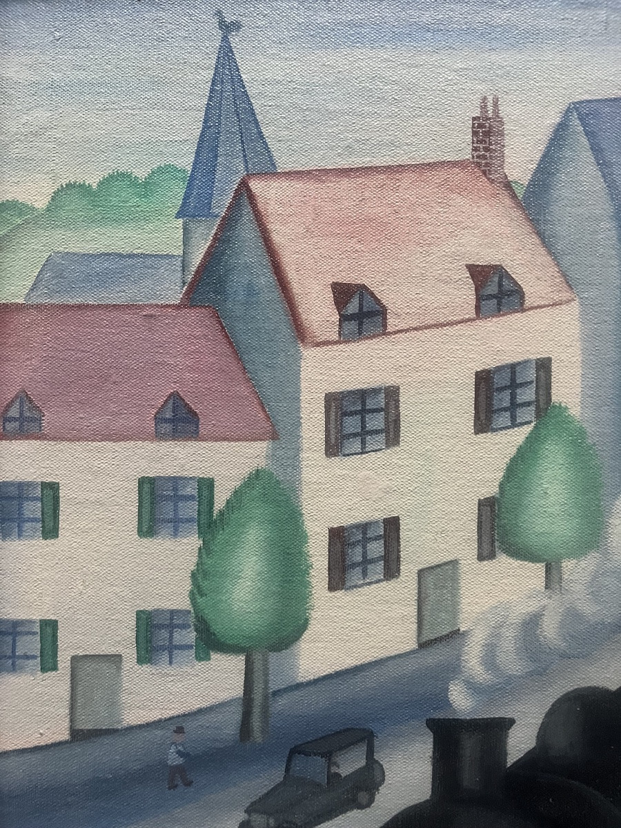 Naïve Painting Of An Urban Landscape With A Steam Train And Locomotive, Signed Vatan -photo-8