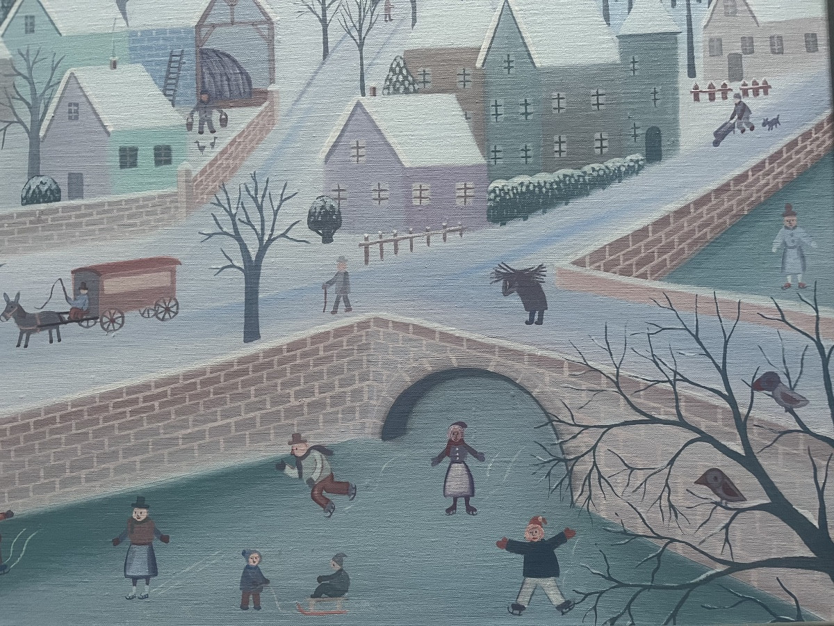 Tableau naïf les joies de l’hiver village animé sous la neige peinture de Christian Vatan-photo-2