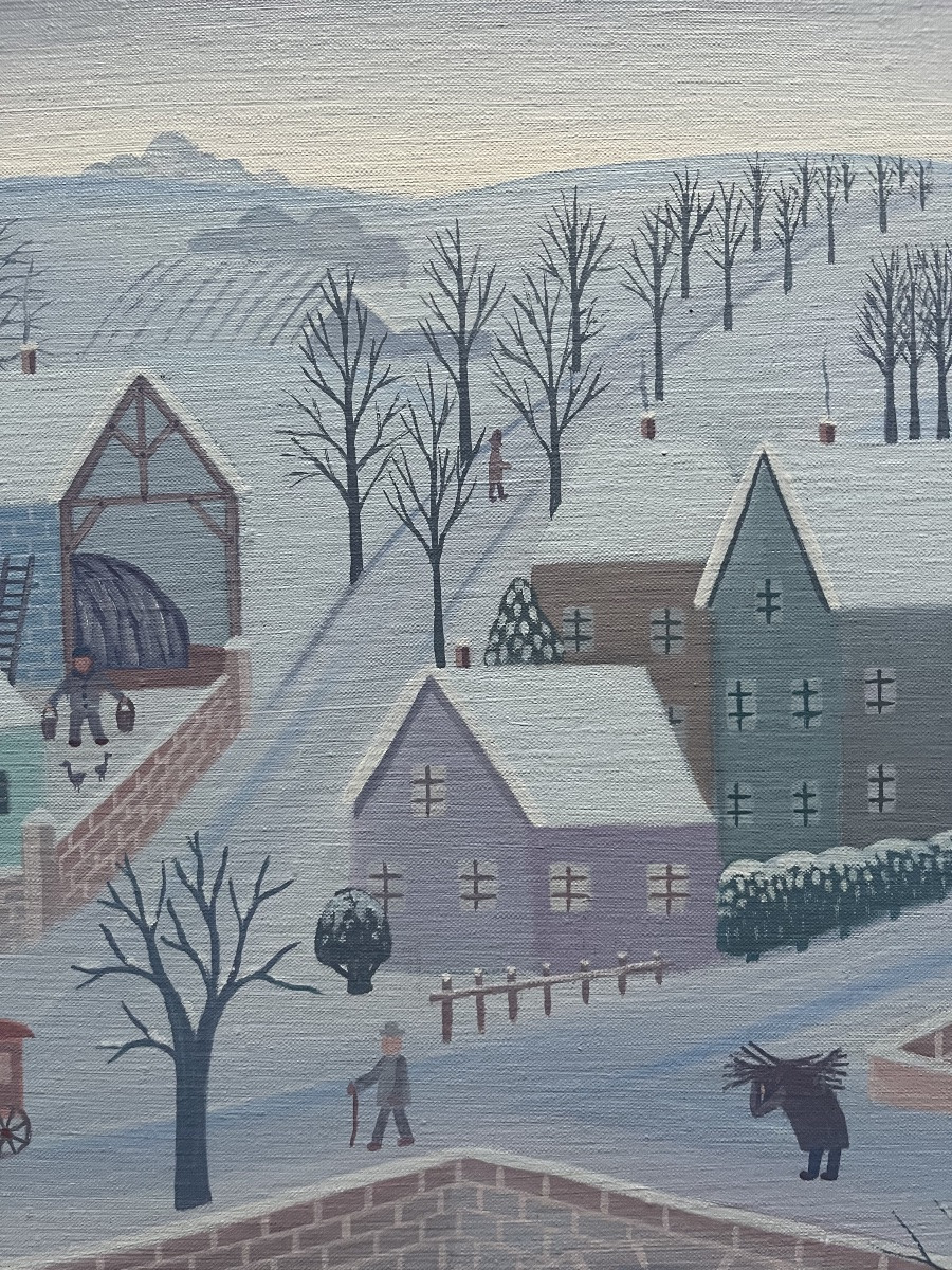 Tableau naïf les joies de l’hiver village animé sous la neige peinture de Christian Vatan-photo-2