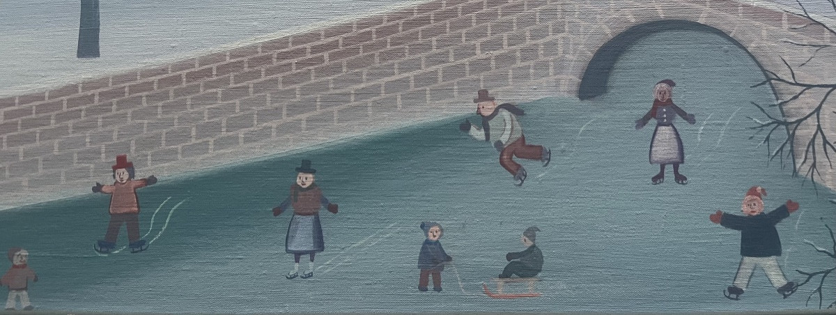 Tableau naïf les joies de l’hiver village animé sous la neige peinture de Christian Vatan-photo-3