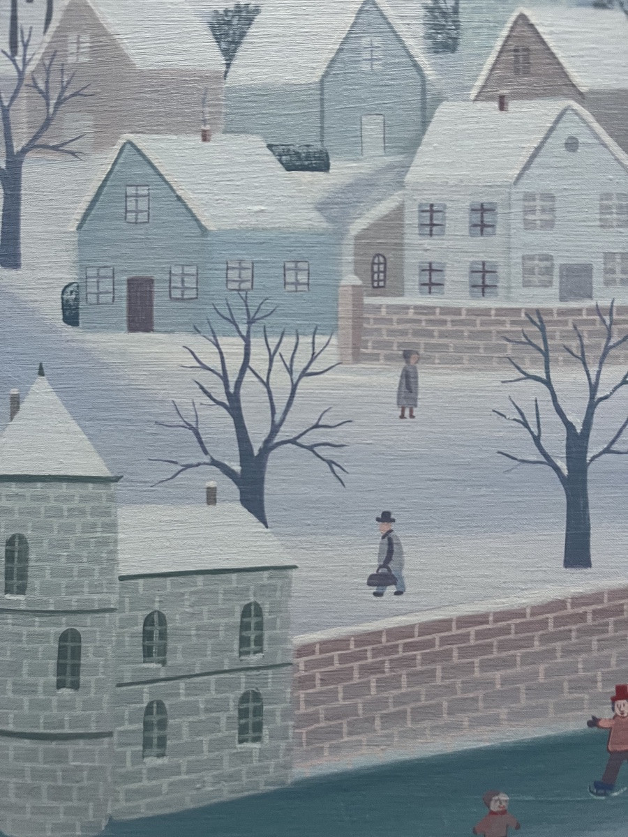 Tableau naïf les joies de l’hiver village animé sous la neige peinture de Christian Vatan-photo-4