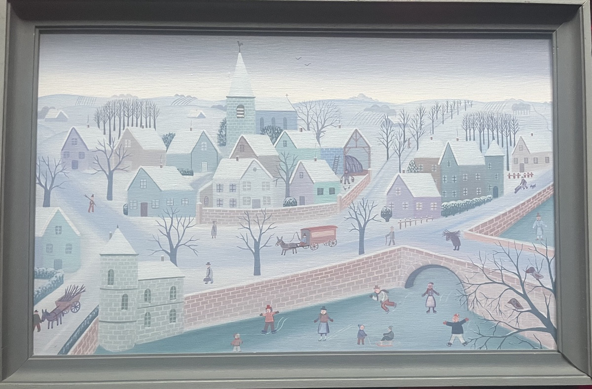 Tableau naïf les joies de l’hiver village animé sous la neige peinture de Christian Vatan