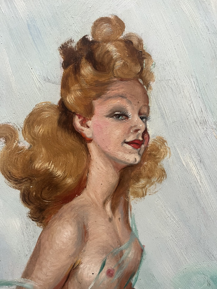 Painting From The 1950s, Elegant Topless Nude Surrounded By Domergue, Signed Lefebvre -photo-4