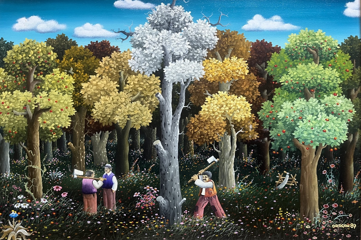 Tableau naif école de l’Est Serbie les bûcherons peinture signée Dragan Milhaïlovic-photo-4