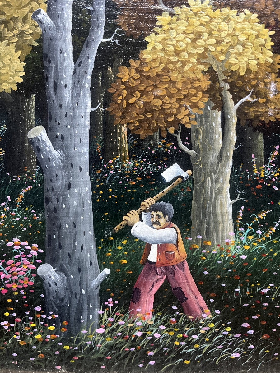 Tableau naif école de l’Est Serbie les bûcherons peinture signée Dragan Milhaïlovic-photo-3