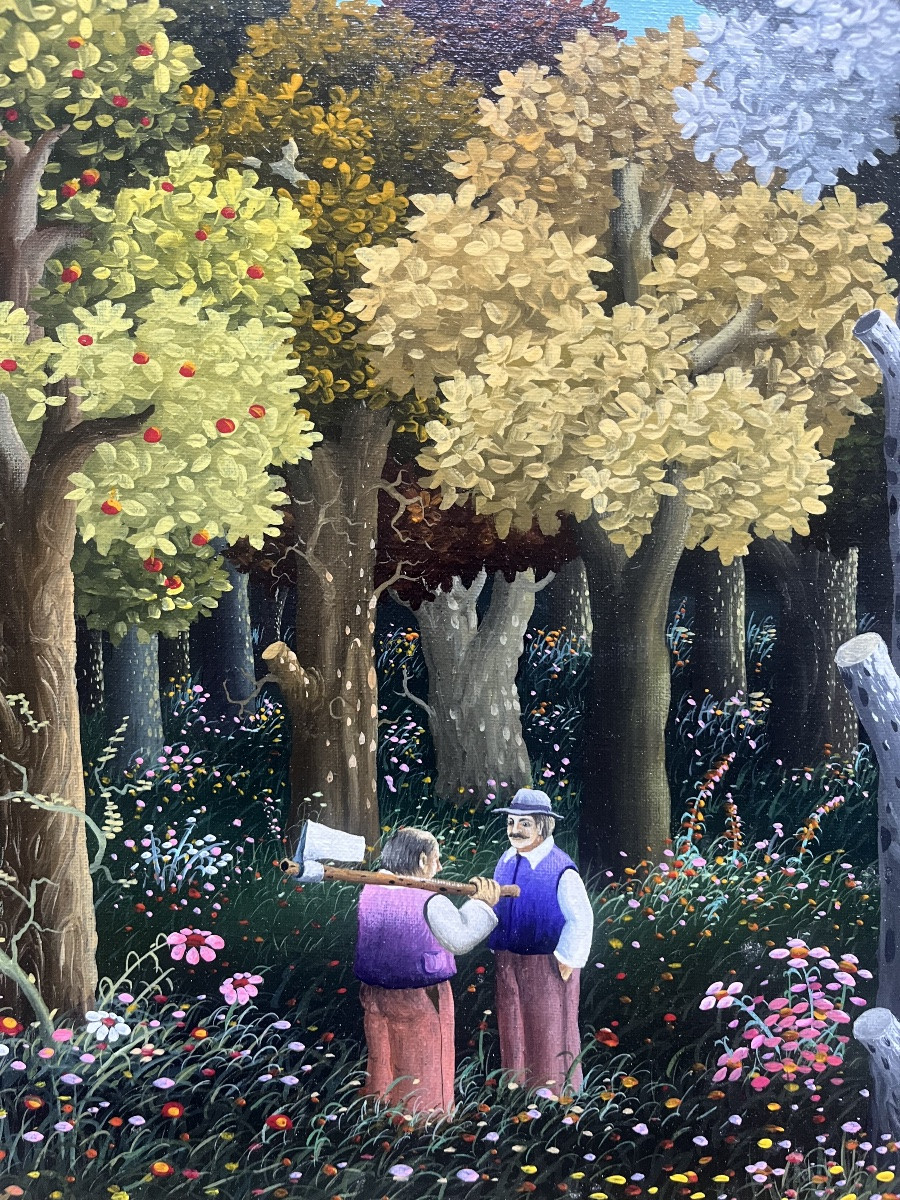Tableau naif école de l’Est Serbie les bûcherons peinture signée Dragan Milhaïlovic-photo-4