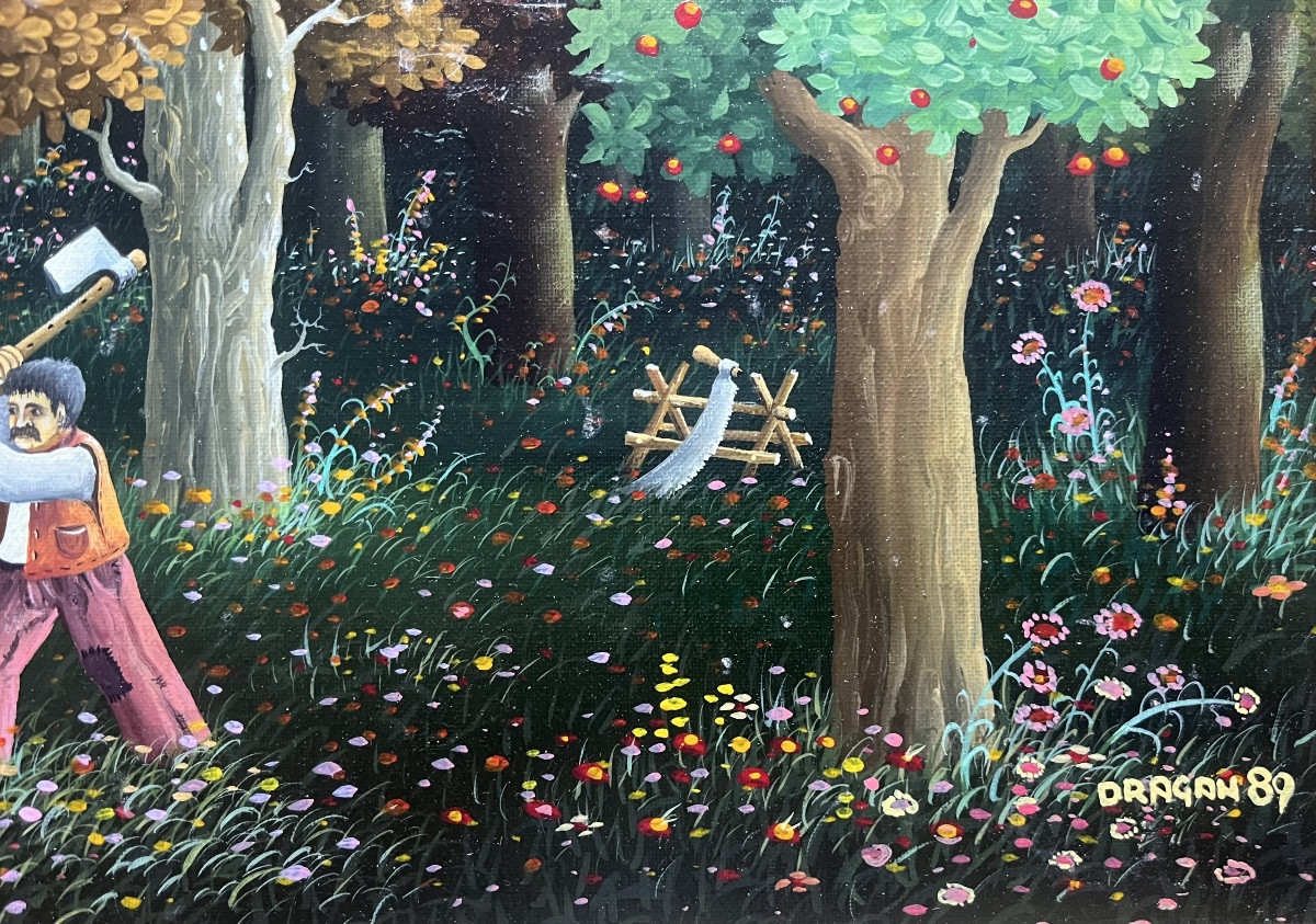 Tableau naif école de l’Est Serbie les bûcherons peinture signée Dragan Milhaïlovic-photo-5