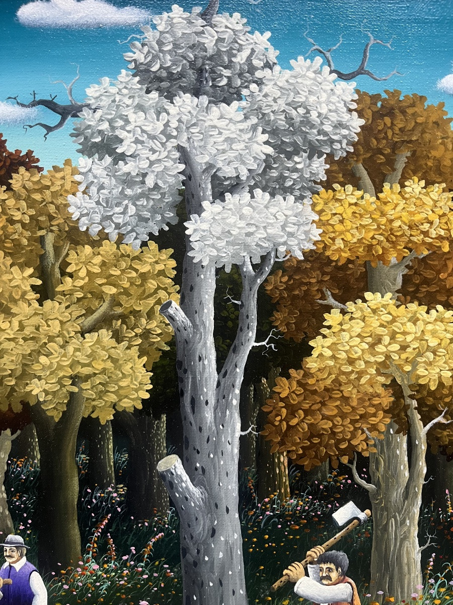 Tableau naif école de l’Est Serbie les bûcherons peinture signée Dragan Milhaïlovic-photo-6